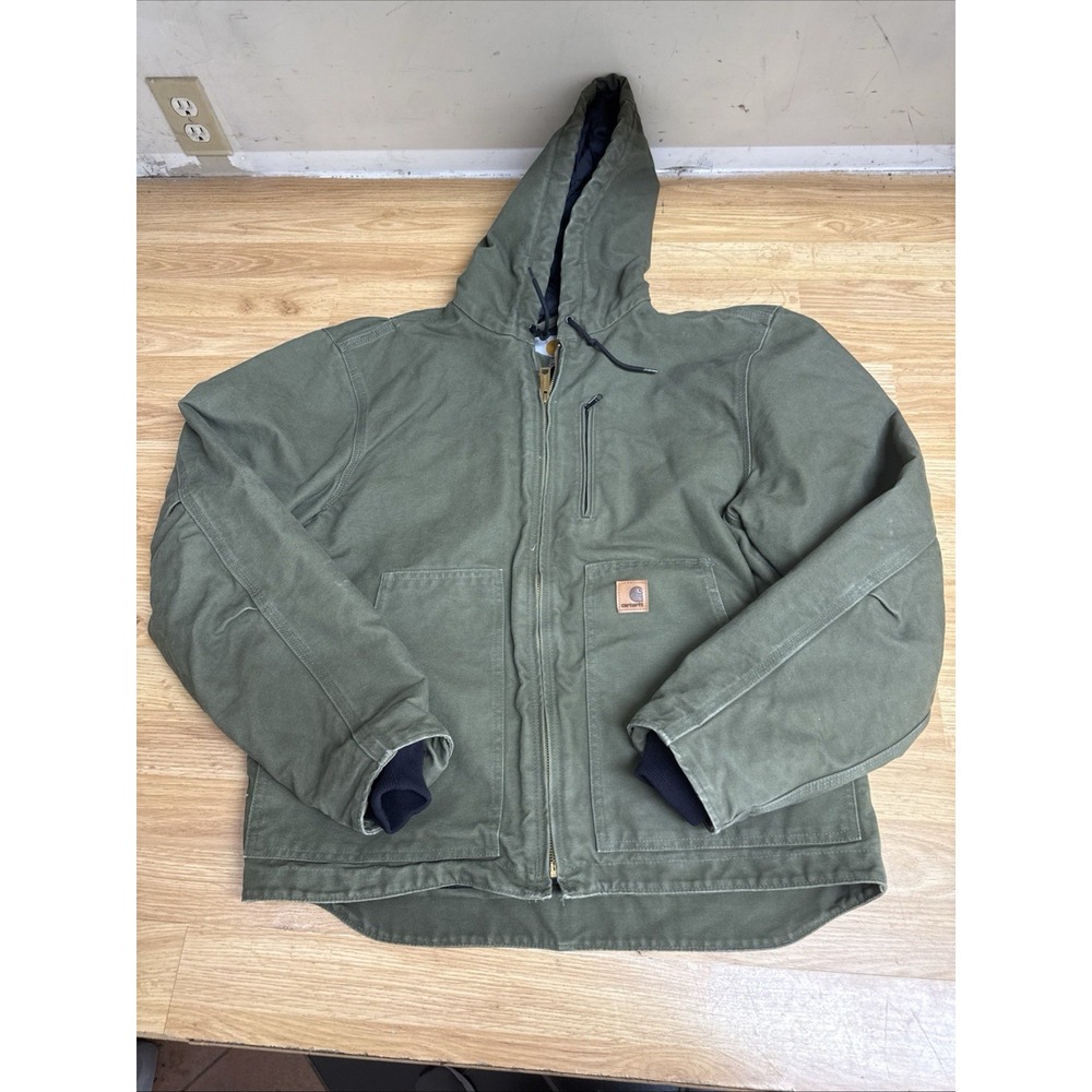 Carhartt Olive Green Quilt Lined Canvas Hooded Jacket 100788 LOV Mens Large